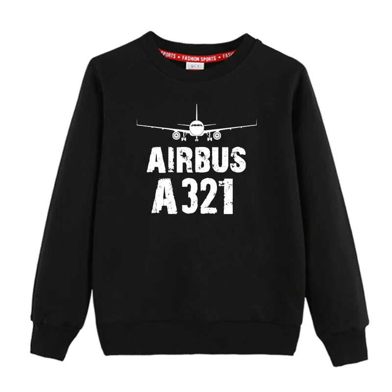 Airbus A321 & Plane "CHILDREN" aviation design printed on soft cotton blend kids' sweatshirt.