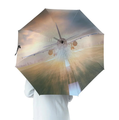 Airplane Flying Over Runway aviation design on windproof polyester umbrella.