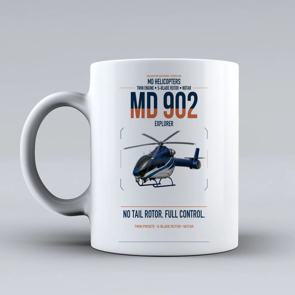 MD Helicopters MD 902 Explorer design on white ceramic mug, double-side print