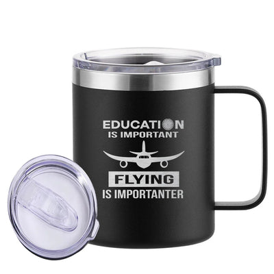 Flying is Importanter aviation design on laser-engraved mug, permanent laser engraving on stainless.