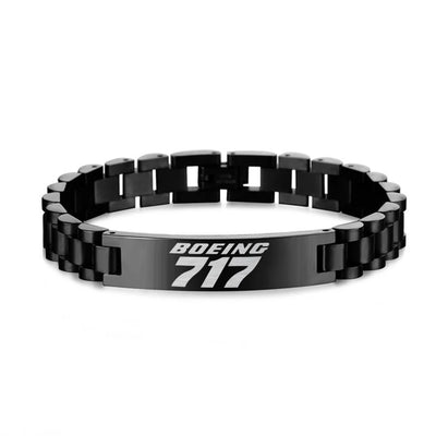 Side view of Boeing 717 & Text aviation chain bracelet in stainless steel, polished finish.