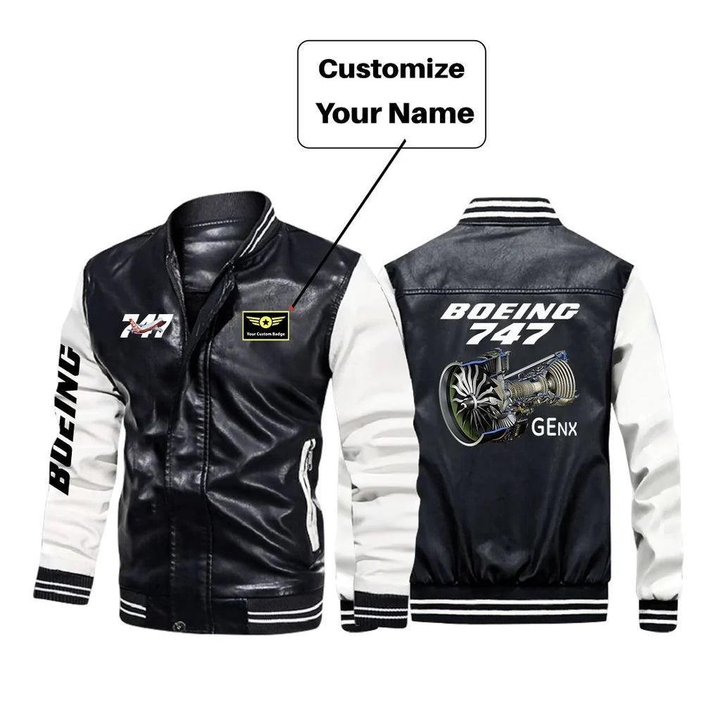 Boeing 747 & GENX Engine aviation design printed on genuine leather with modern tailored fit stylish leather jacket.