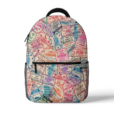 Passport Stamps aviation design backpack, durable polyester construction.