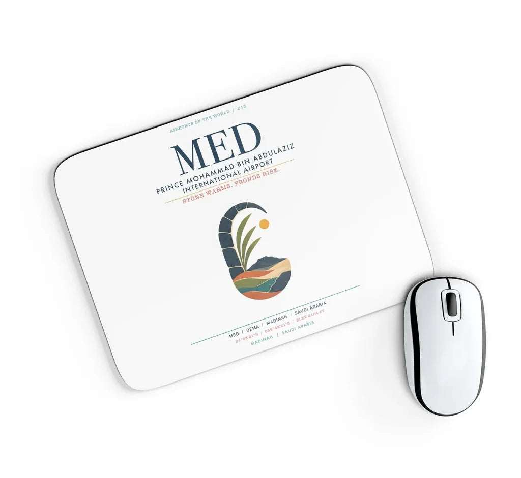 Prince Mohammad Bin Abdulaziz International Airport (MED) design on white rectangle mouse pad