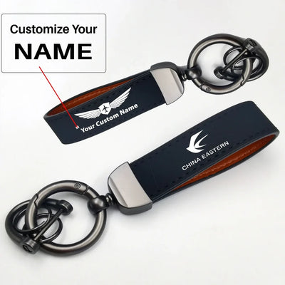 Side view of China Eastern Airlines aviation horseshoe-buckle key chain in polished metal alloy, polished finish.