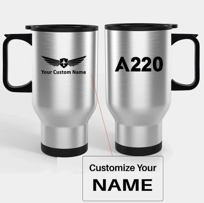 Airbus A220 Flat Text Travel Mugs (With Holder) aviation design on travel mug with holder, insulated double-wall with car-cup.
