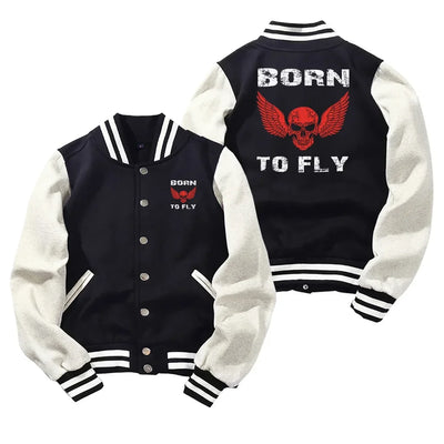 Born To Fly SKELETON Baseball Style aviation design printed on two-tone shell with ribbed cuffs baseball jacket.