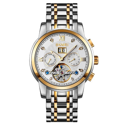 Luminous Fashion Casual Round Single Folding Buckle Mechanical Watch aviation stainless steel accessory in stainless steel.