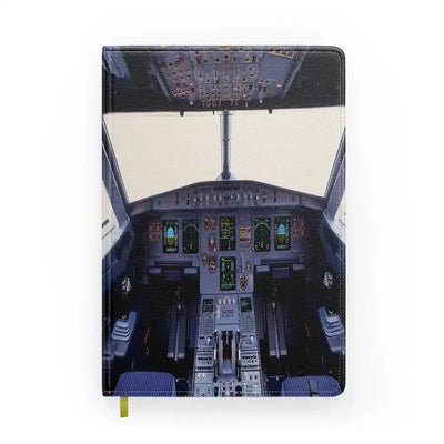 Airbus A320 Cockpit Wide aviation design on premium hardcover notebook.