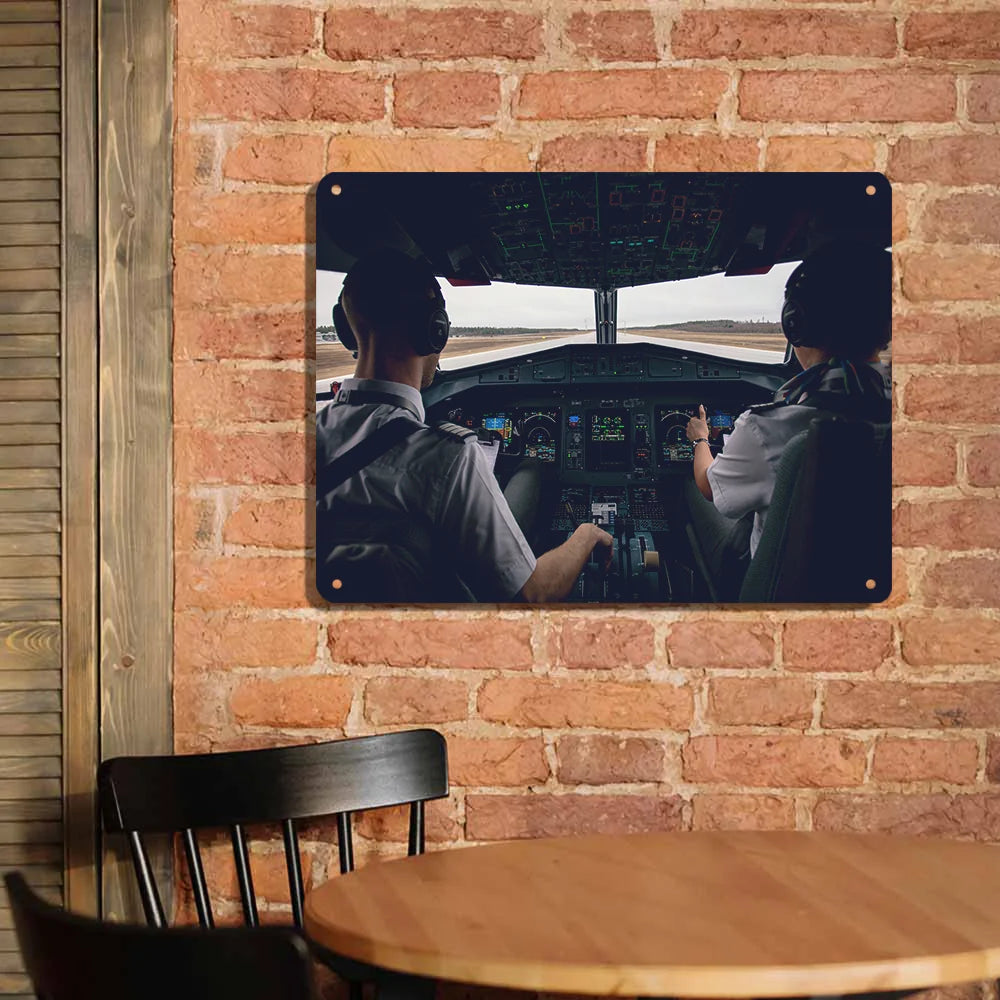 Departing Aircraft's Cockpit aviation design on durable metal with painted finish metal sign.