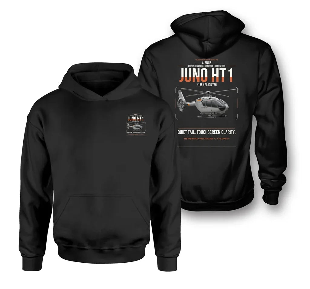 Airbus H135 Juno HT1 design on black double-side hoodie, double-side print