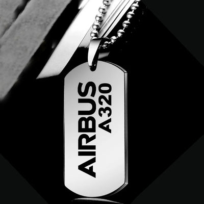 Airbus A320 & Text aviation-themed necklace, polished metal.