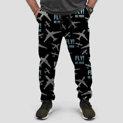 Fly Be Free aviation design on soft cotton blend 3D-printed sweatpants.