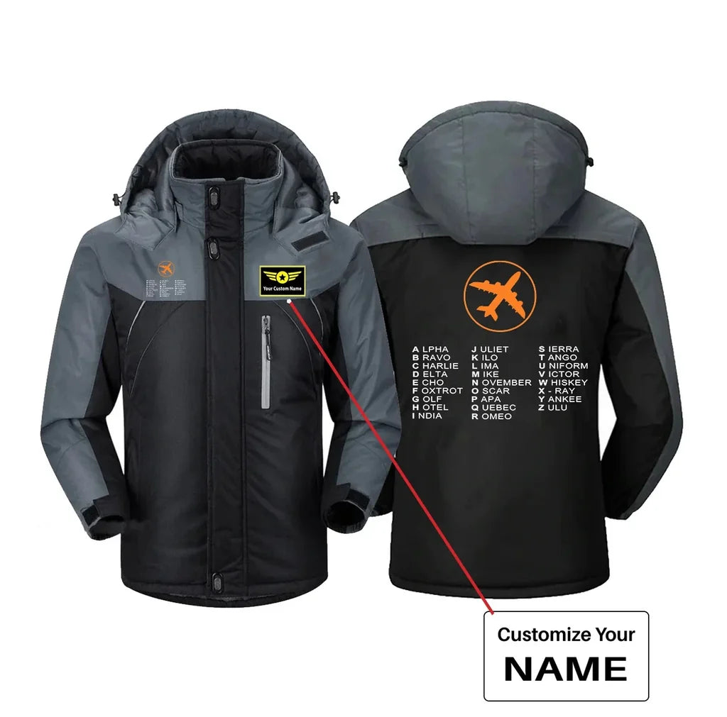 Aviation Alphabet 2 aviation design printed on heavyweight insulated shell thick winter jacket.