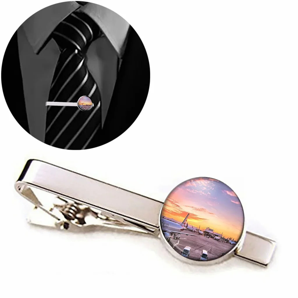 Airport Photo During Sunset aviation tie clip, stainless steel body with engraved detail.