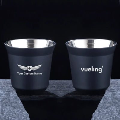 Vueling Airlines aviation design on double-wall coffee mug, vacuum-insulated double-wall.