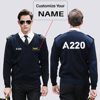 Thumbnail for Airbus A220 Flat Text aviation design on premium wool blend wool pilot sweater.