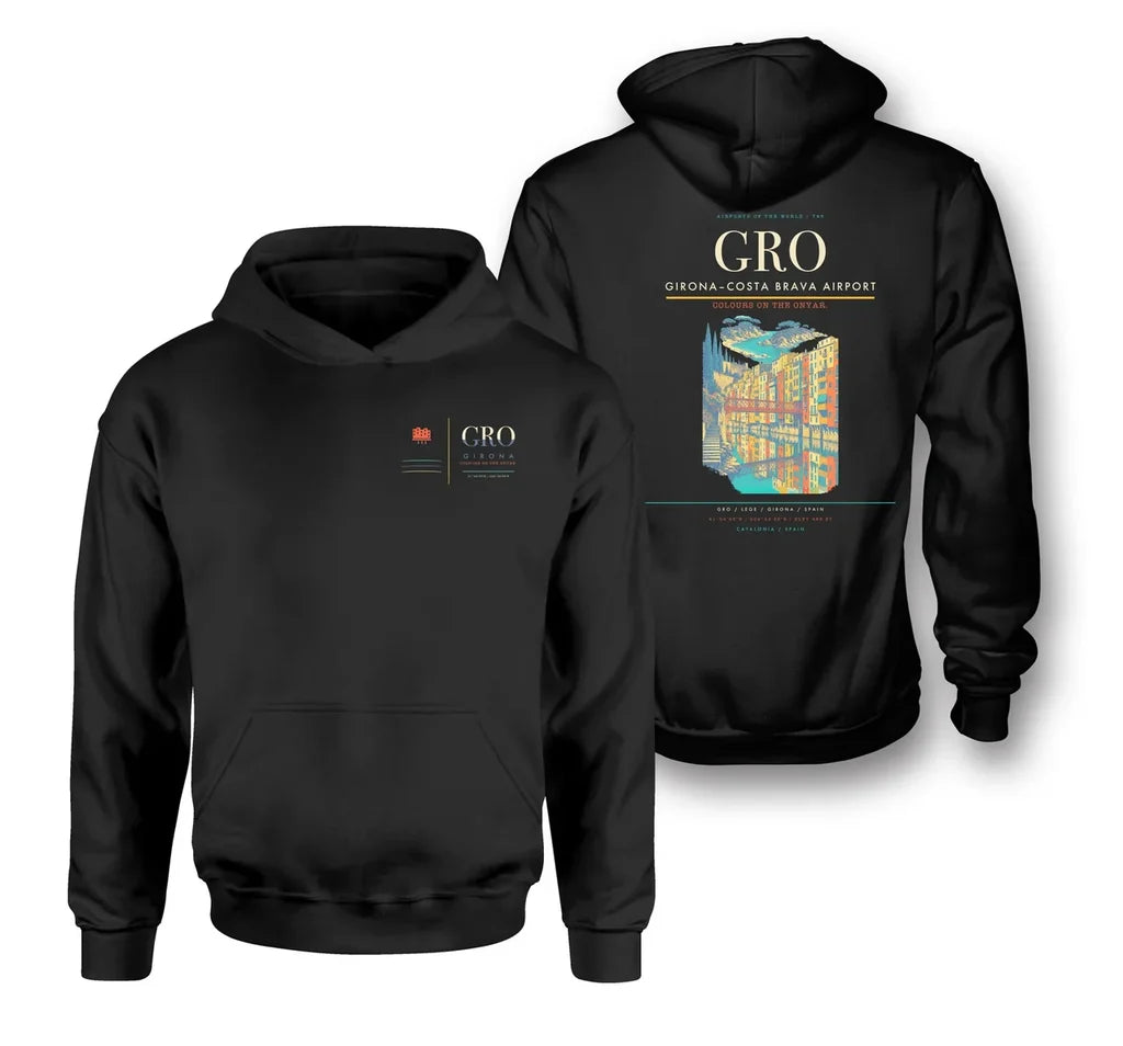Girona–Costa Brava Airport (GRO) design on black double-side hoodie