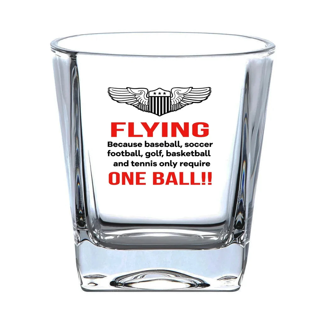 Flying One Ball aviation design on whiskey glass, crystal-clear premium glassware.