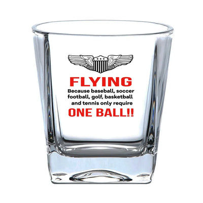 Flying One Ball aviation design on whiskey glass, crystal-clear premium glassware.