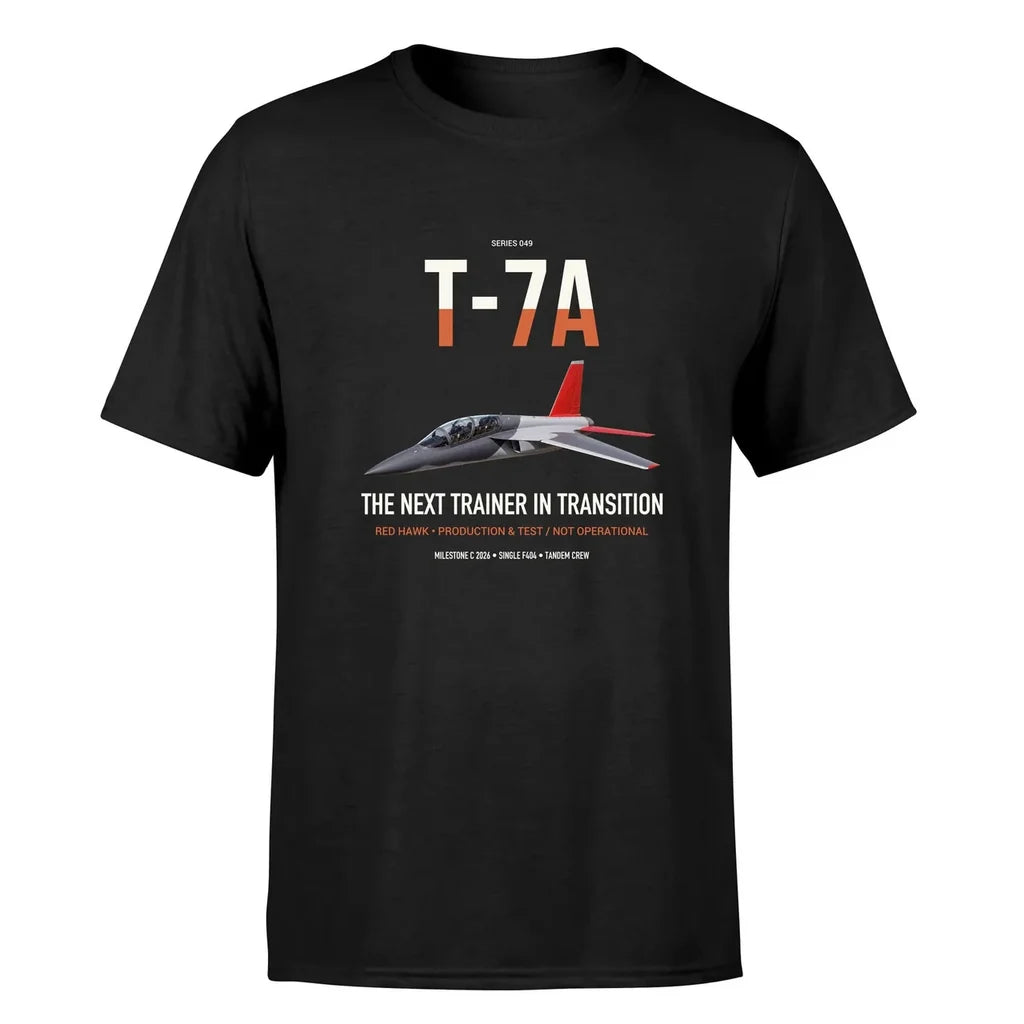 T-7A Red Hawk design on black double-side t-shirt, single-side print