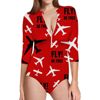 Thumbnail for Fly Be Free Red aviation design on stretch swim fabric deep-V swim bodysuit.