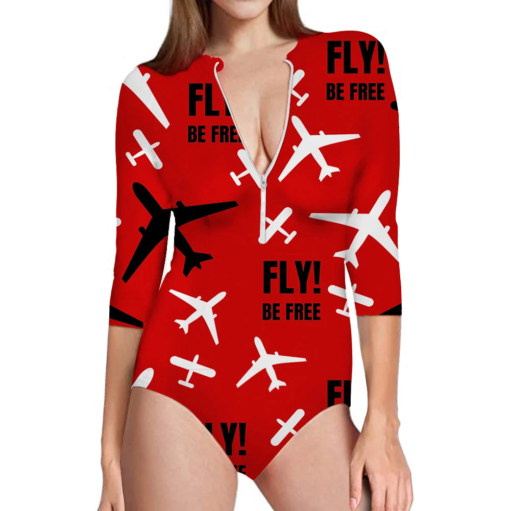 Fly Be Free Red aviation design on stretch swim fabric deep-V swim bodysuit.