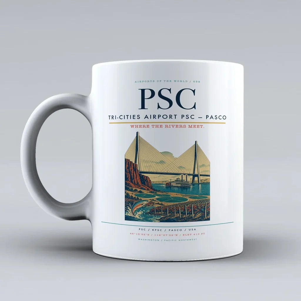 Tri-Cities Airport (PSC) airport code design on white ceramic mug