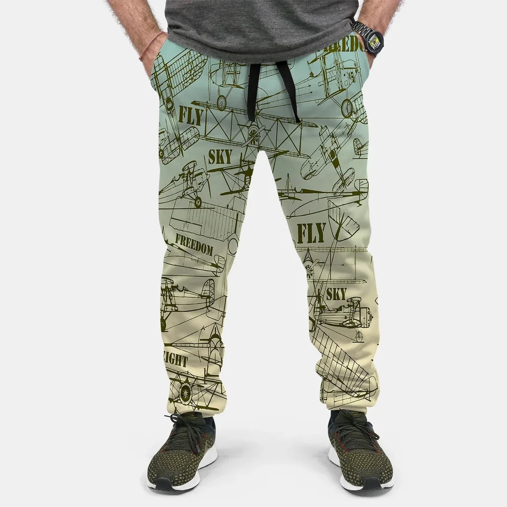 Retro Airplanes & Text aviation design on soft cotton blend 3D-printed sweatpants.