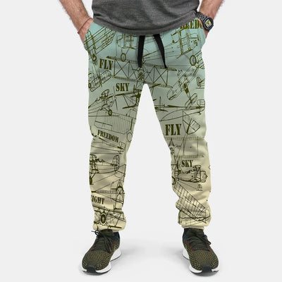 Retro Airplanes & Text aviation design on soft cotton blend 3D-printed sweatpants.