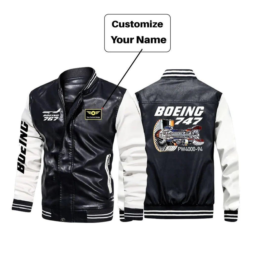 Boeing 767 Engine (PW4000-94) aviation design printed on genuine leather with modern tailored fit stylish leather jacket.