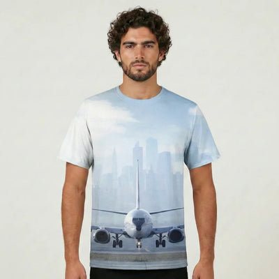 Boeing 737 & City View Behind Printed aviation design printed on soft cotton 3D-print T-shirt.
