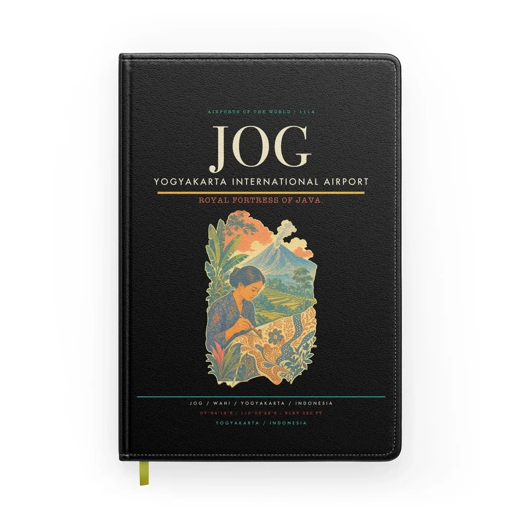 Yogyakarta International Airport (JOG) design on black notebook