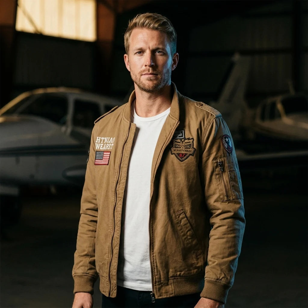 Pilot jacket on model — editorial