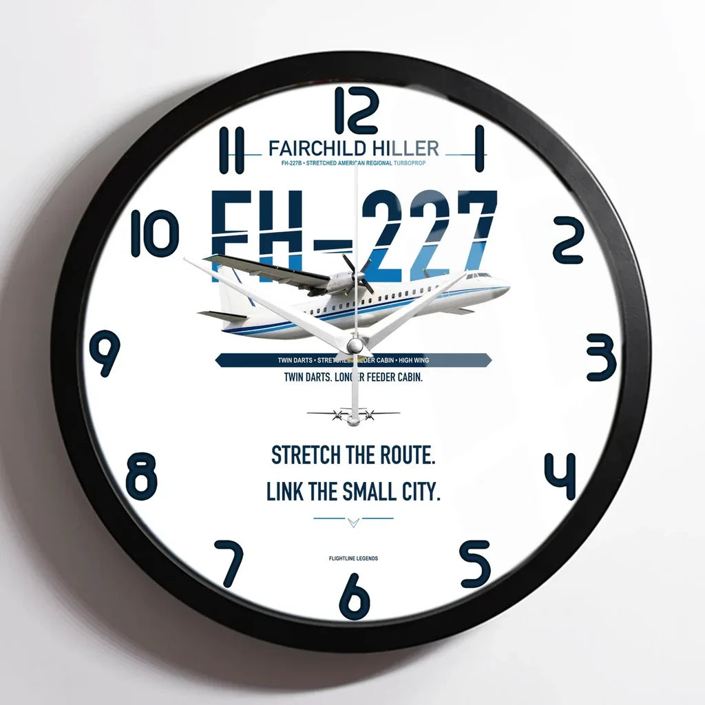 Fairchild Hiller FH-227B design on white framed wall clock