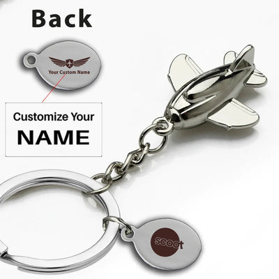 Scoot Airlines aviation airplane-shape key chain in polished metal alloy.