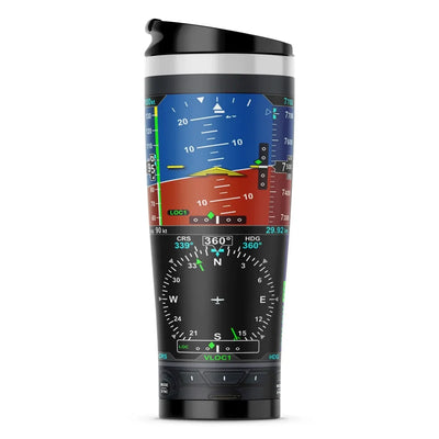 Airplane Primary Flight Display & HSI aviation design on travel mug no-holder, insulated double-wall.