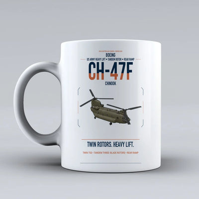 Boeing CH-47F Chinook design on white ceramic mug, double-side print