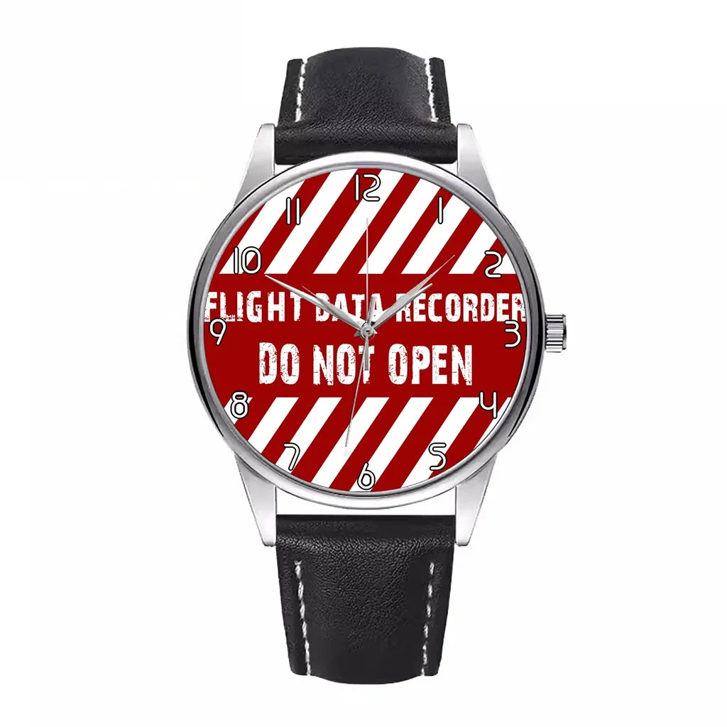 Flight Data Recorder aviation watch with leather strap, leather strap body with engraved detail.