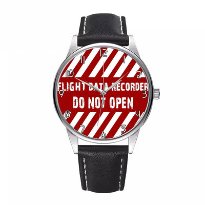 Flight Data Recorder aviation watch with leather strap, leather strap body with engraved detail.