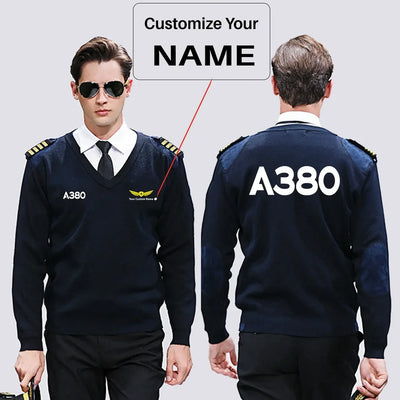 Airbus A380 Flat Text aviation design on premium wool blend wool pilot sweater.
