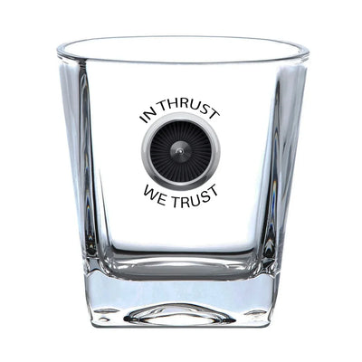 In Thrust We Trust aviation design on whiskey glass, crystal-clear premium glassware.