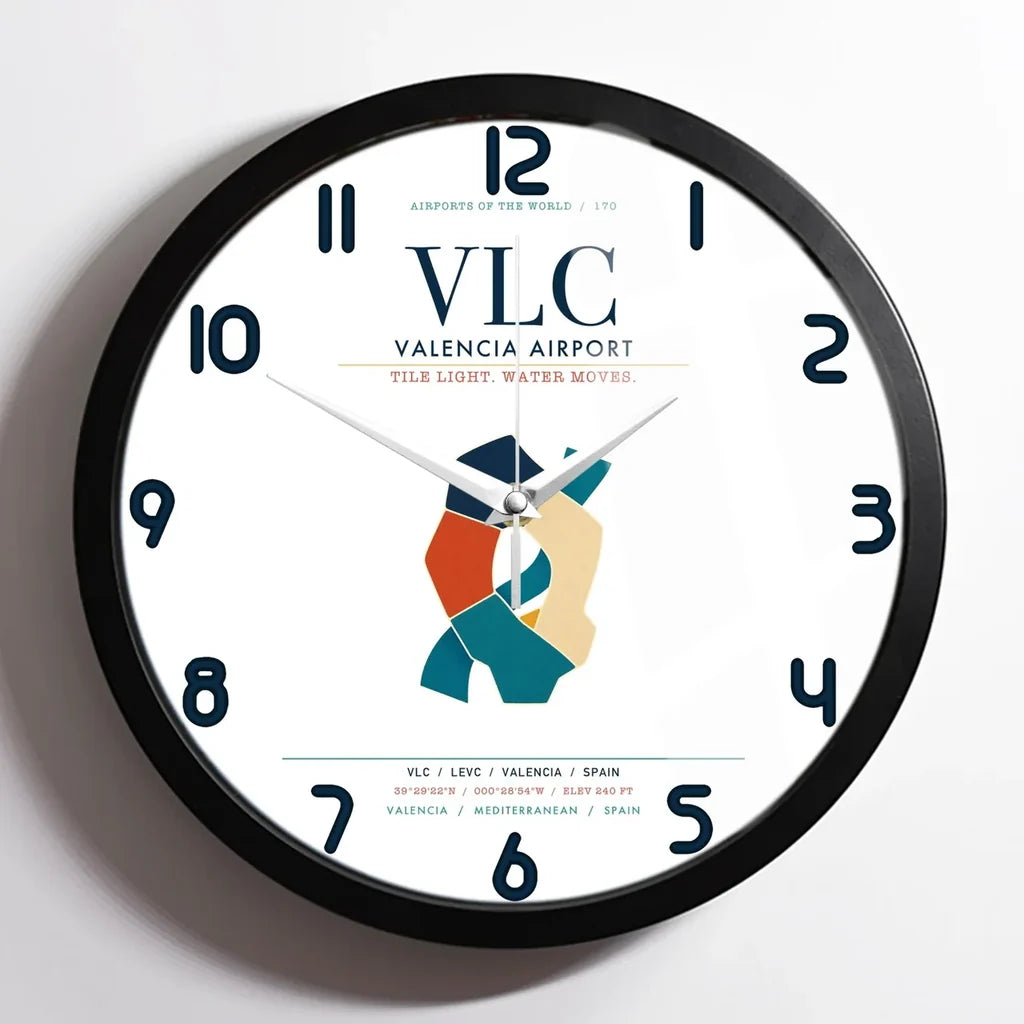 Valencia Airport (VLC) design on white framed wall clock