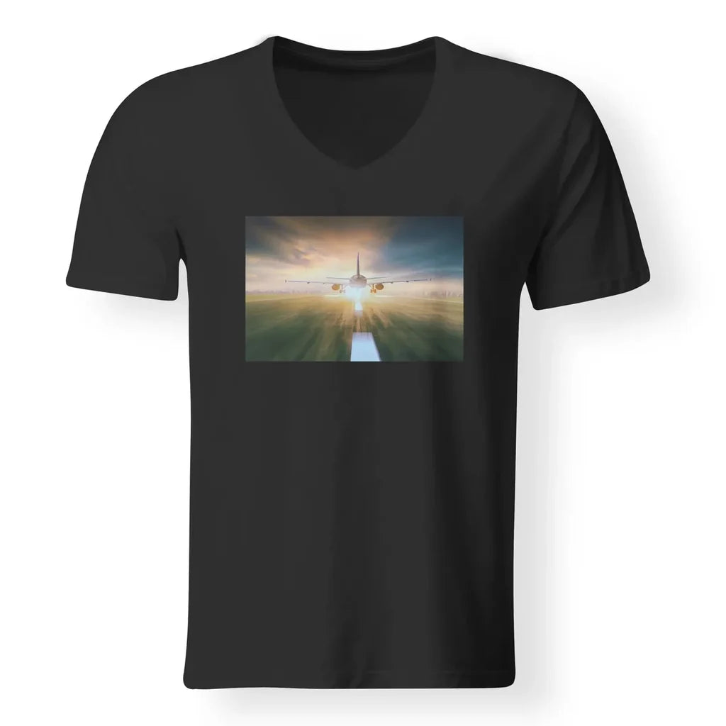 Airplane Flying Over Runway aviation design printed on soft cotton V-neck T-shirt.