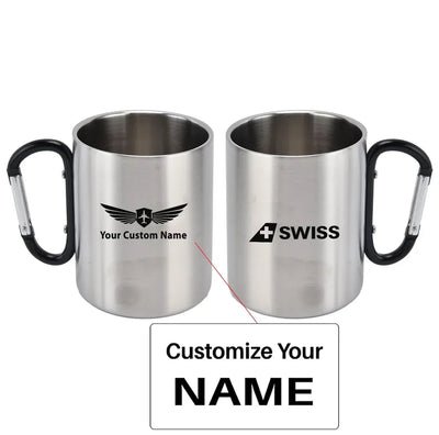 Swiss International Airlines aviation design on outdoor mug, durable insulated construction.