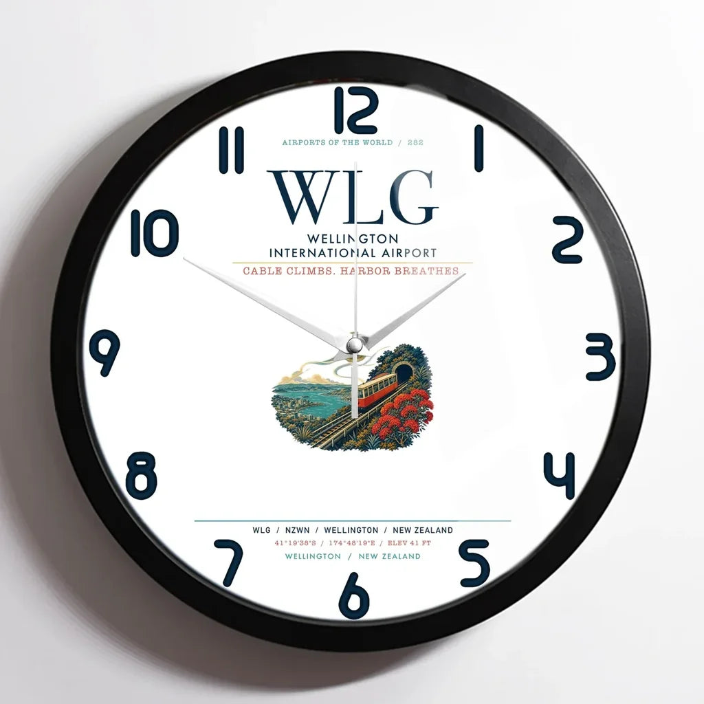 Wellington International Airport (WLG) design on white framed wall clock