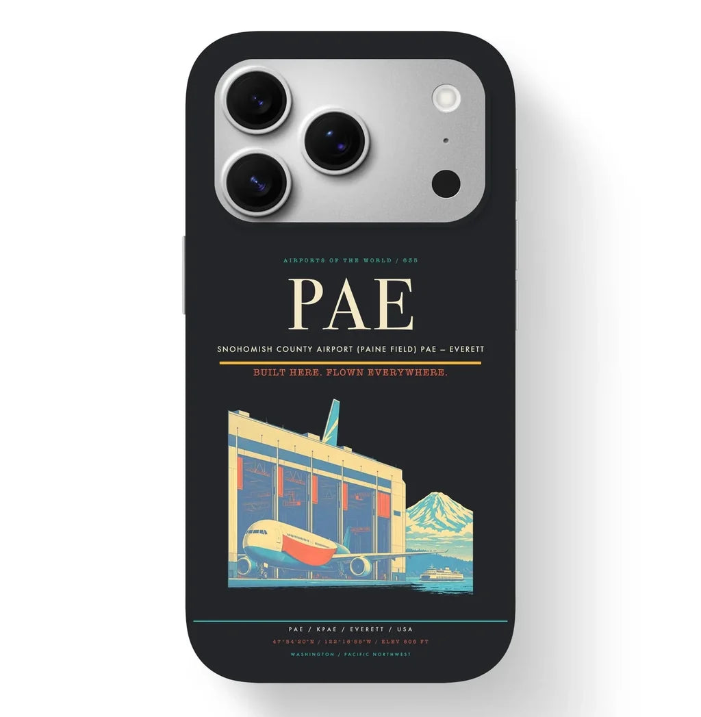 Everett Airport (PAE) design on black iPhone 17 Pro MagSafe case