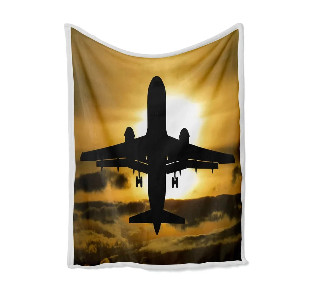 Departing Passanger Jet During Sunset Bed Blankets & aviation print on soft fleece blanket.