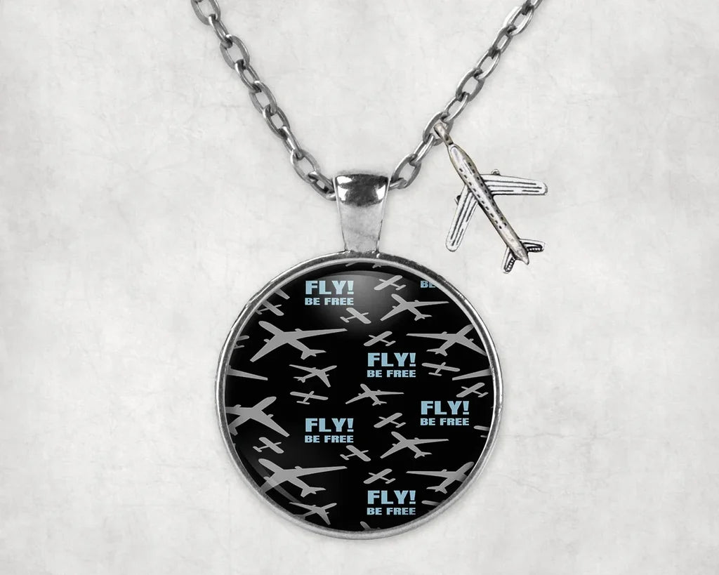 Fly Be Free aviation necklace, stainless steel body with engraved detail.
