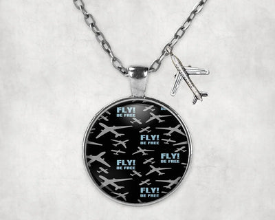 Fly Be Free aviation necklace, stainless steel body with engraved detail.